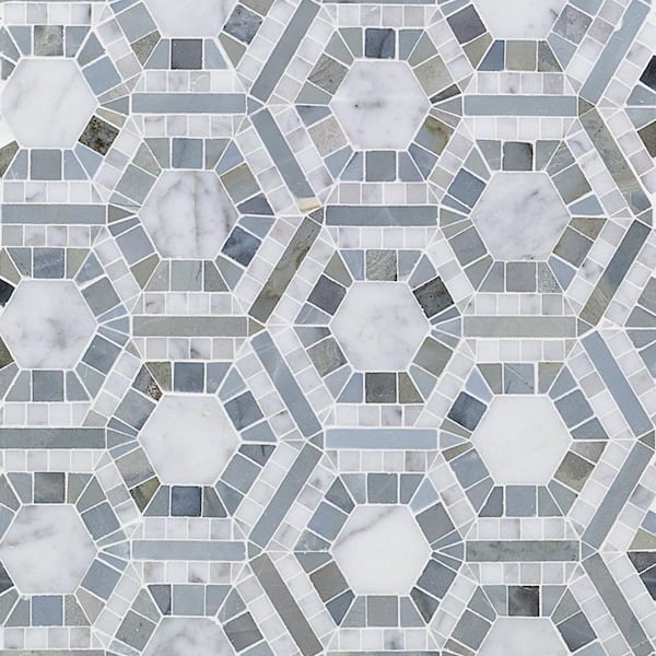 Kosmos Carrera and Moonstone Hexagon Blue 11-3/4 in. x 11-3/4 in. x 10 mm Polished Marble Mosaic Tile