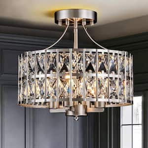 Sroda 12.5 in. 4-Light Brushed Nickel Mid-Century Drum Crystal Semi-Flush Mount Ceiling Light with Drum Crystal Shade