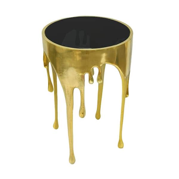 Capri 15.5 in. Antique Gold and Black Round Glass Top End Table with Melting Drip Design
