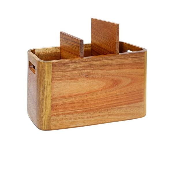 Natural Acacia Wood Utensil Caddy with 3 Compartments, Kitchen Utensil Organizer for Kitchen Counter and Buffet