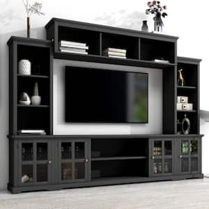 Black Minimalism Style TV Stand Fits TV's up to 70 in. with 3-Tier Shelves and Tempered Glass Door