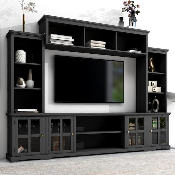 Harper & Bright Designs Black Minimalism Style TV Stand Fits TV's up to 70 in. with 3-Tier Shelves and Tempered Glass Door