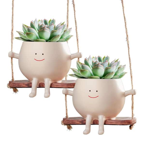 Angel Sar 2 Pieces Swinging Face Plant Pots, Succulent Cactus Flower Head Resin Planters Pots for Home Garden