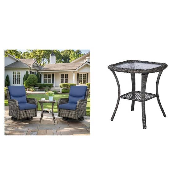 Wicker Patio Conversation Set with Blue Cushions and Wicker Outdoor Glass Side Table Combo