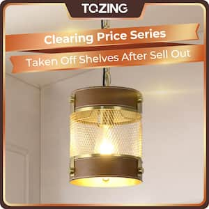 1-Light Vintage Rustic Gold Bronze Brass Industrial Lantern Pendant Light with Caged Leather Shade Chandelier Fixture