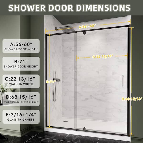 56-60 in. W x 71 in. H Framed Pivot Shower Door in Matte Black with 1/4 in. Crystal Clear Tempered Glass