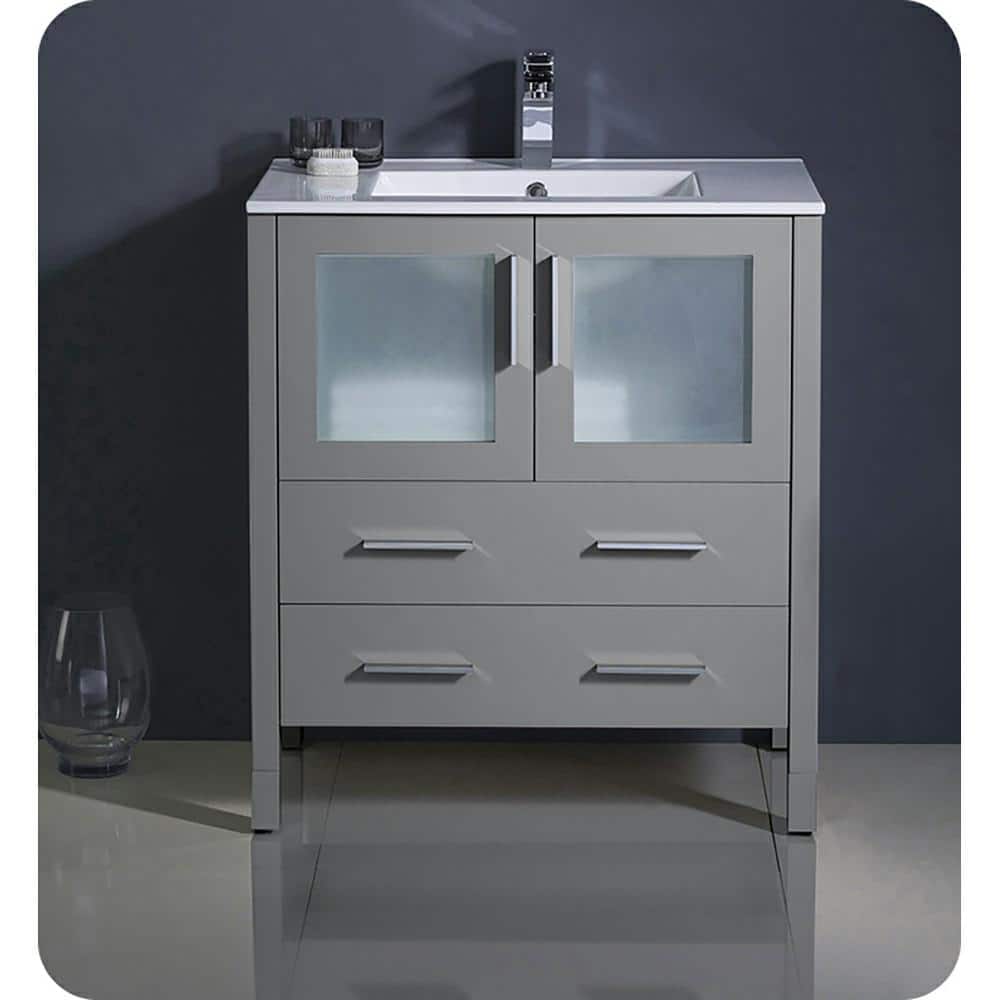 Gray Engineered Wood Freestanding Single Sink Vanity Base with Frosted Glass Doors