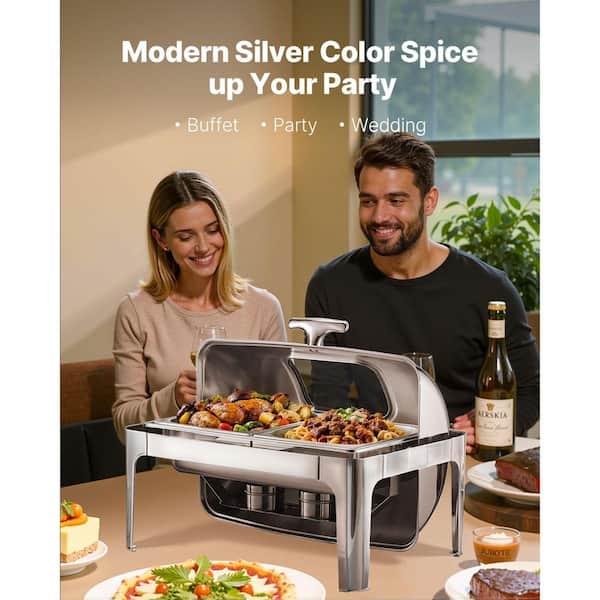 Roll Top Chafing Dish Set, 9 qt. Stainless Steel Chafer with 2-Half Size Pans, Rectangle Catering Warmer, Silver
