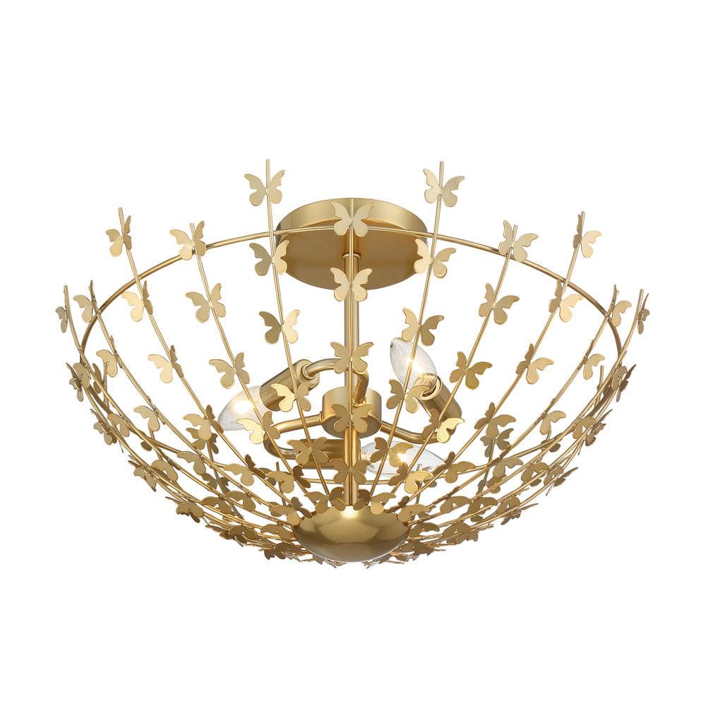 Burnished Brass Butterfly 3-Light Semi-Flush Mount Ceiling Fixture