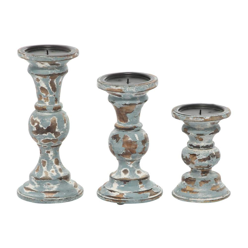 Distressed Light Blue Mango Wood Candelabra Set of 3