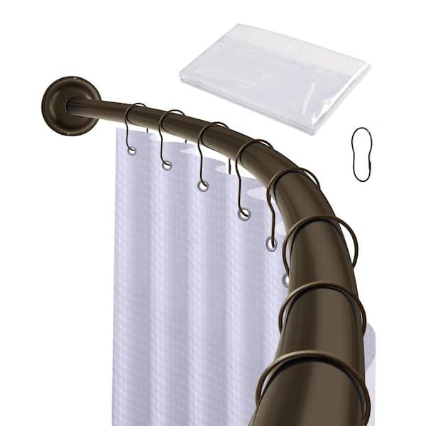 72 in. Aluminum Rustproof Adjustable Wall Mounted Single Curved Shower Rod, with Shower Rings and Shower Liner, Bronze