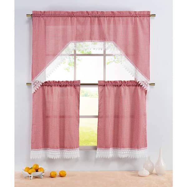 Window Elements Semi-Opaque Checkered Red Embroidered 3-Piece Kitchen Curtain Tier and Valance Set