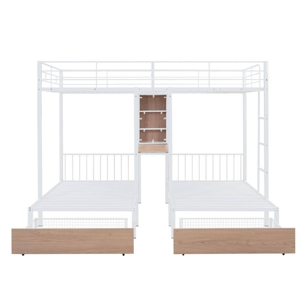 White Metal Triple Bunk Bed with Storage Drawers and Desk