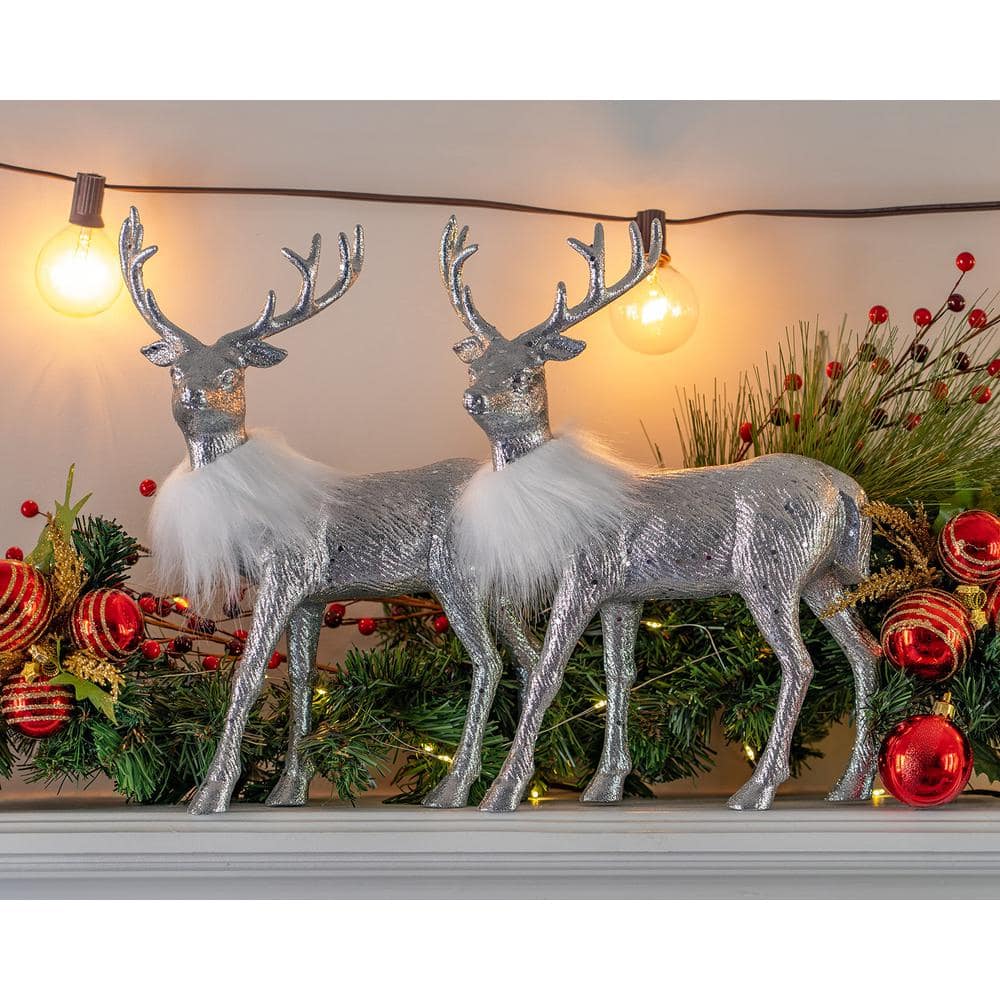 Silver Glitter Winter Reindeer Figurines with Faux Fur