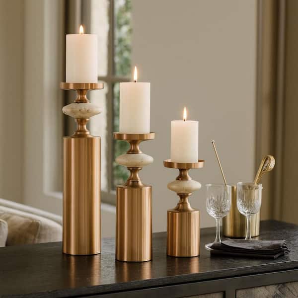9 in., 12 in. and 16 in. Gold Metal and Marble Decorative Candle Holders (Set of 3)