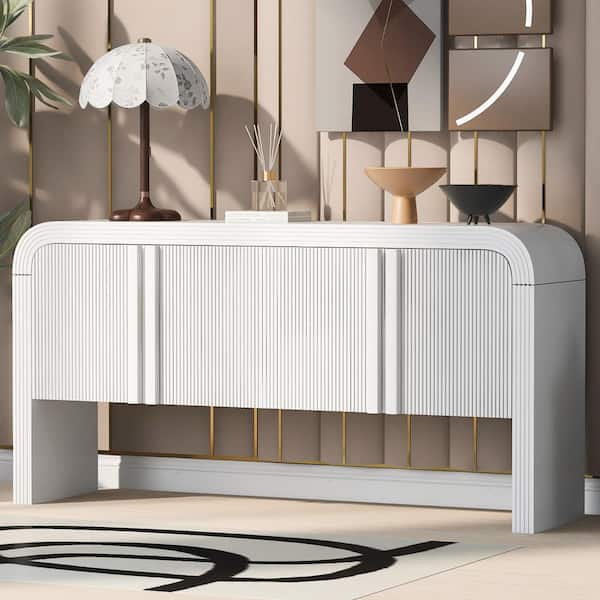 Harper & Bright Designs Wave-Pattern White Wood 63 in. Striped Sideboard Console Table with 4-Door, Adjustable Shelves, Curved Edge