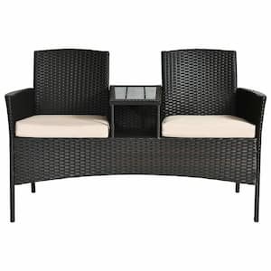 1-Piece Wicker Outdoor Loveseat with Beige Cushions and Built-In Table