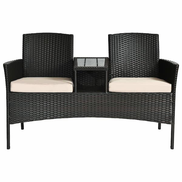 WELLFOR 1-Piece Wicker Outdoor Loveseat with Beige Cushions and Built-In Table