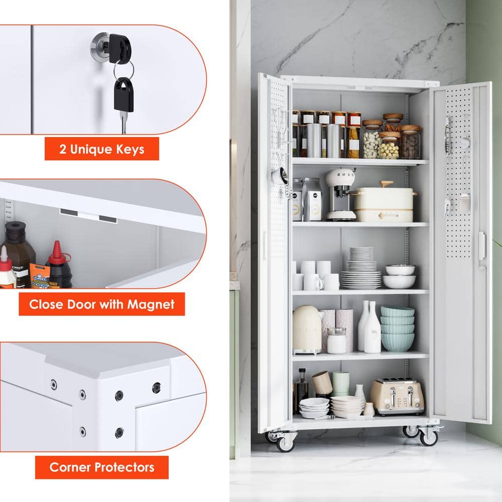 72-Inch White Metal Freestanding Lockable Office Cabinet with Adjustable Shelving