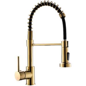 Single Handle Pull Down Sprayer Kitchen Faucet with Advanced Spray 1 Hole Brass Kitchen Basin Taps in Polished Gold