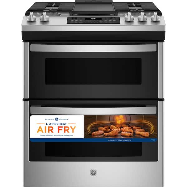 GE 30 in. 6.7 cu. ft. Slide-In Double Oven Gas Range in Stainless Steel with Griddle
