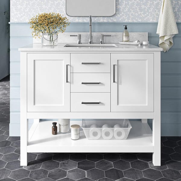 ARIEL Bayhill 43 in. W x 22 in. D x 35.25 in. H Freestanding Bath Vanity in White with Carrara White Marble Top