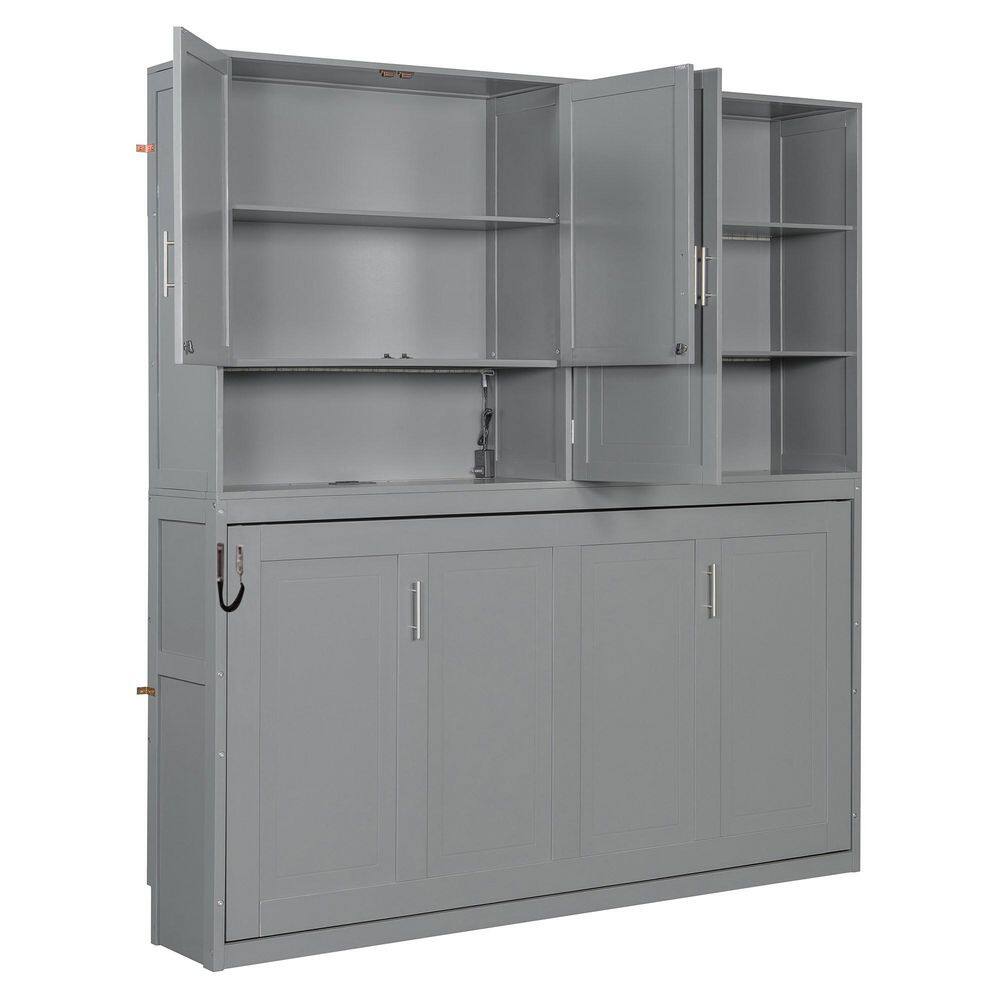 White Wood Frame Twin Size Murphy Bed with Top Cabinet, Shelves, Space Saving Foldable Bed with Light & USB - thumbnail 5