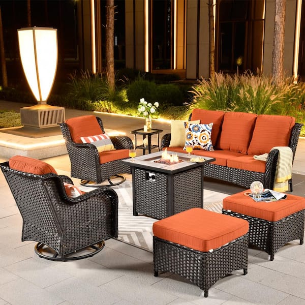 OVIOS New Kenard Brown 7-Piece Wicker Patio Fire Pit Conversation Set with Orange Red Cushions and Swivel Rocking Chairs