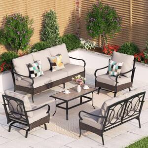 Black Rattan 7 Seat 5-Piece Steel Outdoor Patio Conversation Set with Beige Cushions,Motion Sofas & Wood-Grain Table