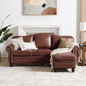 Hilario Brown 26.5 in. Wide Mid-Century Modern Style Genuine Leather Ottoman with Wood Legs