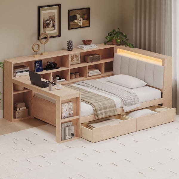 Harper & Bright Designs Multifunctional Natural Full Daybed with Drawers, Desk and Storage Shelves, Linen Upholstered Headboard with RGB Lights