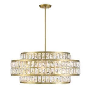 Renzo 28 in. W x 12 in. H 6-Light Warm Brass Statement Pendant Light with Crystal Accents