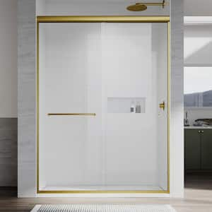 UKD12 56 to 60 in. W x 76 in. H Double Sliding Semi-Frameless Shower Door in Satin Brass, EnduroShield Clear Glass