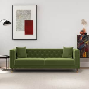 Louise 91 in. W Luxury Modern Square Arm Tufted Velvet Living Room Rectangle Couch in Olive Green