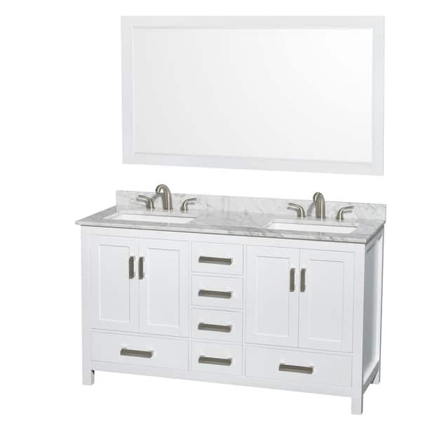 Wyndham Collection Sheffield 60 in. W x 22 in. D Bath Vanity in White with Marble Vanity Top in White Carrara with White Basins and Mirror
