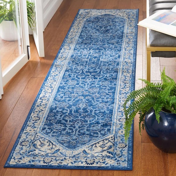 Brentwood 2 ft. x 9 ft. Ivory/Navy Oriental Ornate Border Runner Rug