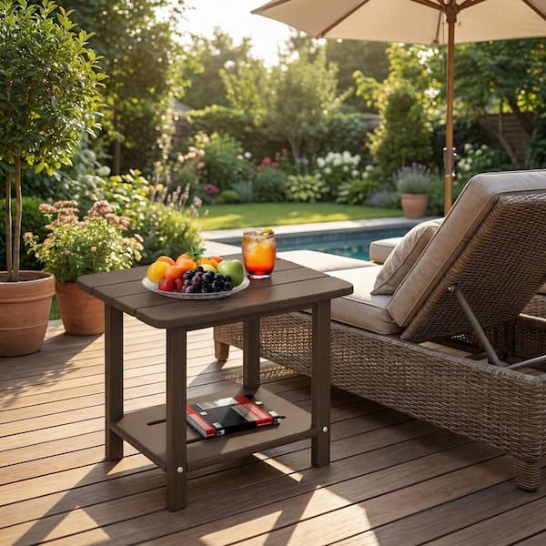 Coffee HDPE Adirondack Side Table, 2-Tier Outdoor End Table for