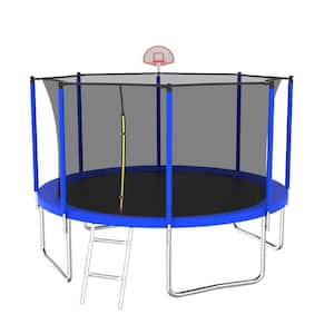 12FT Outdoor Round Blue Trampoline with Safety Enclosure Net
