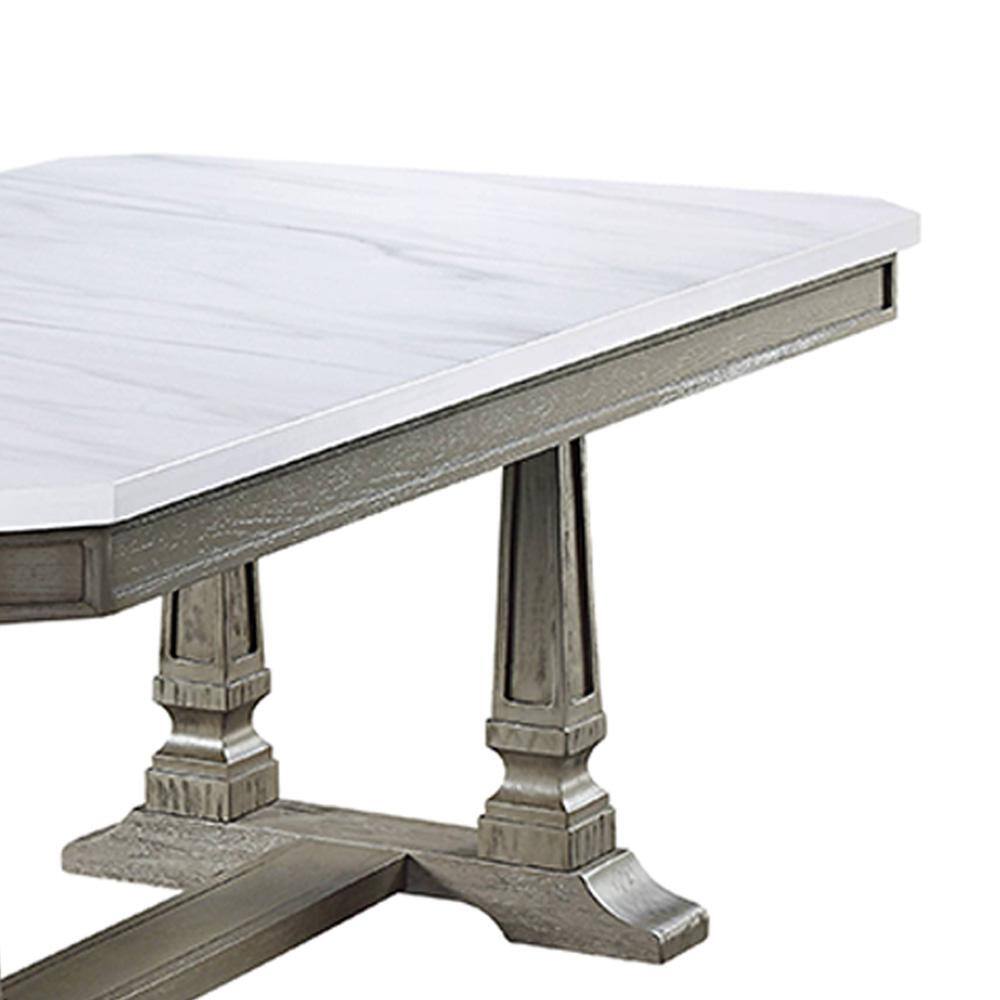 Elegant Transitional Marble-Top Extendable Dining Table in Weathered Oak