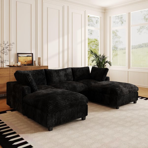 118.1 in. Rabbit Plush Fabric Square Arm 5-Piece Modular Free Combination Sectional Sofa in Black