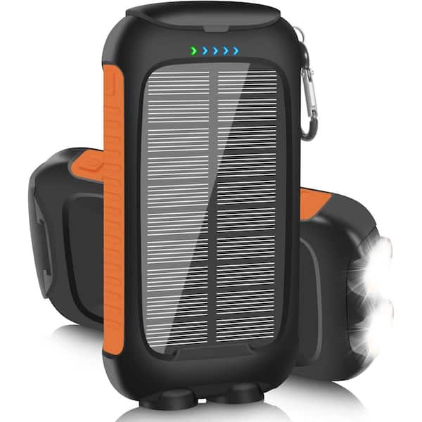 Solar Power Bank, 10000mAh Portable Charger with 5V/3 Amp Type C Input Output, Flashlight, Carabiner, Solar Panel-Orange