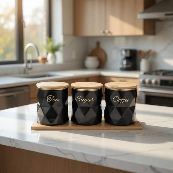 Black Ceramic Canister Set Sugar Coffee Tea 4.1 x 4.9 in. with Bamboo Lids Diamond Print Gold Edge Unit