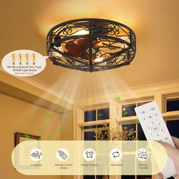 20 in. Indoor Black Modern Industrial Standard Metal Caged Flush Mount Ceiling Fan with Light with Remote for Kitchen