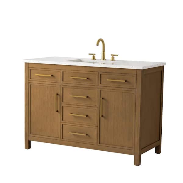 Logan 48 in. W Bath Vanity in Caramel with Engineered Stone Top in Carrara White with White Sink