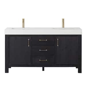 León 60 in. W x 22 in. D x 34 in. H Double Freestanding Bath Vanity in Fir Wood Black with White Composite Stone Top