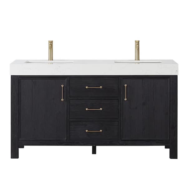 León 60 in. W x 22 in. D x 34 in. H Double Freestanding Bath Vanity in Fir Wood Black with White Composite Stone Top