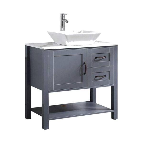 MYCASS 30 in. W x 18.5 in. D x 30 in. H Single Sink Freestanding Bath Vanity in Gray with White Cultured Marble Top and Mirror