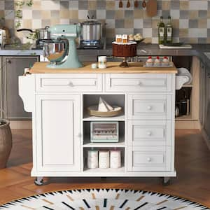 White Kitchen Cart with Rubber Wood Top, Mobile Kitchen Island with Storage and 5 Drawers