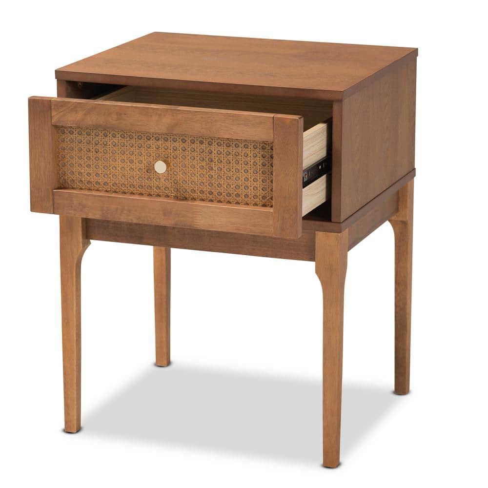 Ramiel Ash Walnut Wood and Rattan 1-Drawer Nightstand