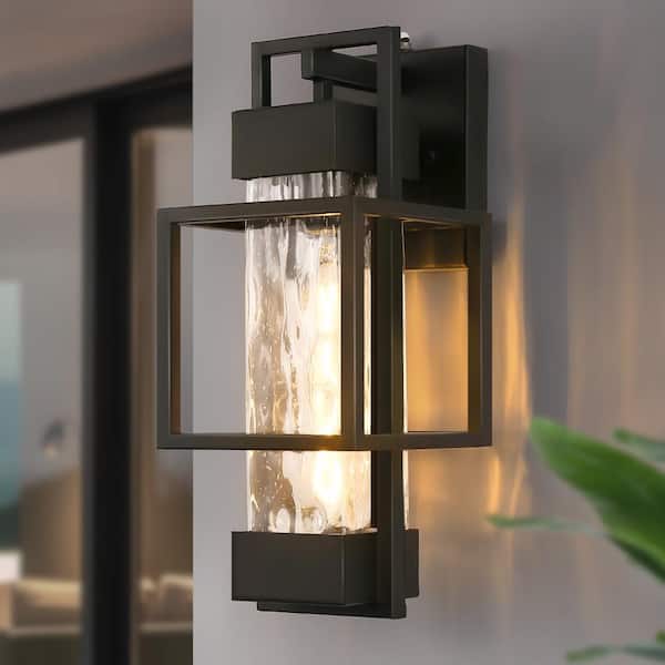 1-Light Textured Black Outdoor Wall Lantern Sconce with Water Glass and T10 Bulb Hardwired Exterior Light with Photocell